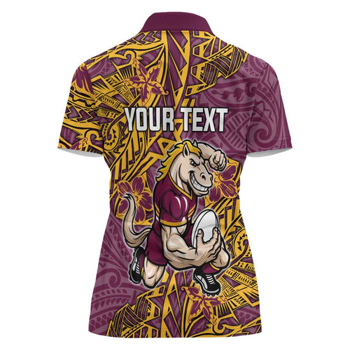 Personalised Brisbane Broncos Women Polo Shirt Polynesian Tribal Pattern With Rugby Horse Mascot Art