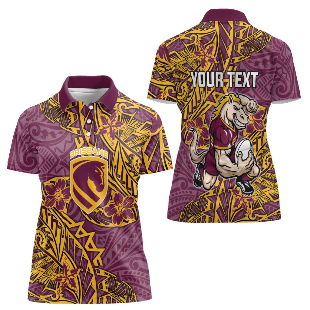 Personalised Brisbane Broncos Women Polo Shirt Polynesian Tribal Pattern With Rugby Horse Mascot Art