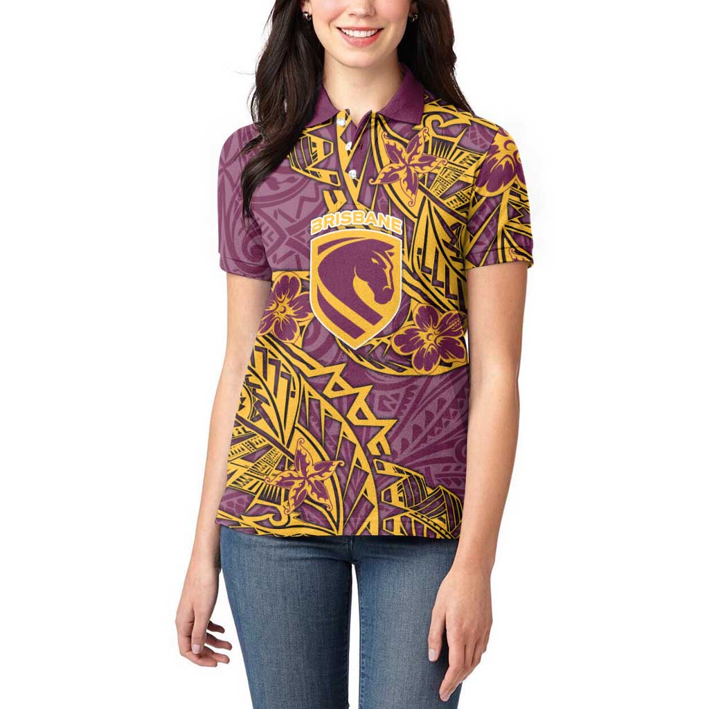 Personalised Brisbane Broncos Women Polo Shirt Polynesian Tribal Pattern With Rugby Horse Mascot Art