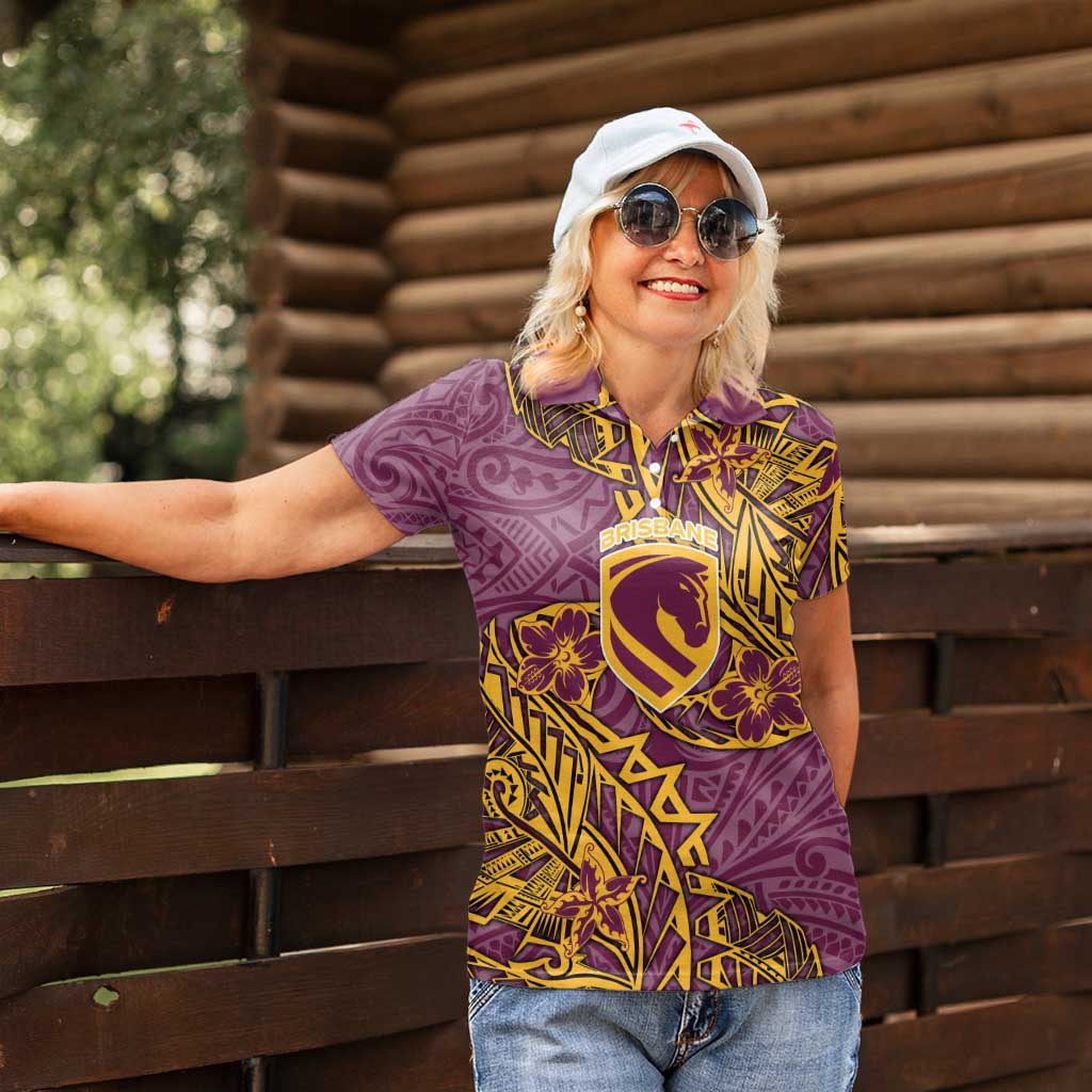 Personalised Brisbane Broncos Women Polo Shirt Polynesian Tribal Pattern With Rugby Horse Mascot Art