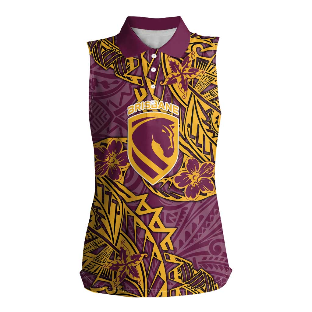 Personalised Brisbane Broncos Women Sleeveless Polo Shirt Polynesian Tribal Pattern With Rugby Horse Mascot Art