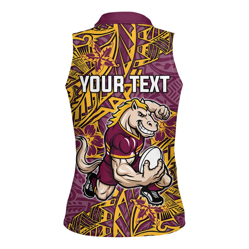 Personalised Brisbane Broncos Women Sleeveless Polo Shirt Polynesian Tribal Pattern With Rugby Horse Mascot Art