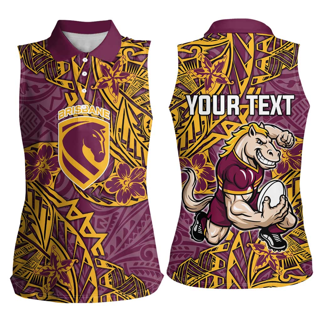 Personalised Brisbane Broncos Women Sleeveless Polo Shirt Polynesian Tribal Pattern With Rugby Horse Mascot Art