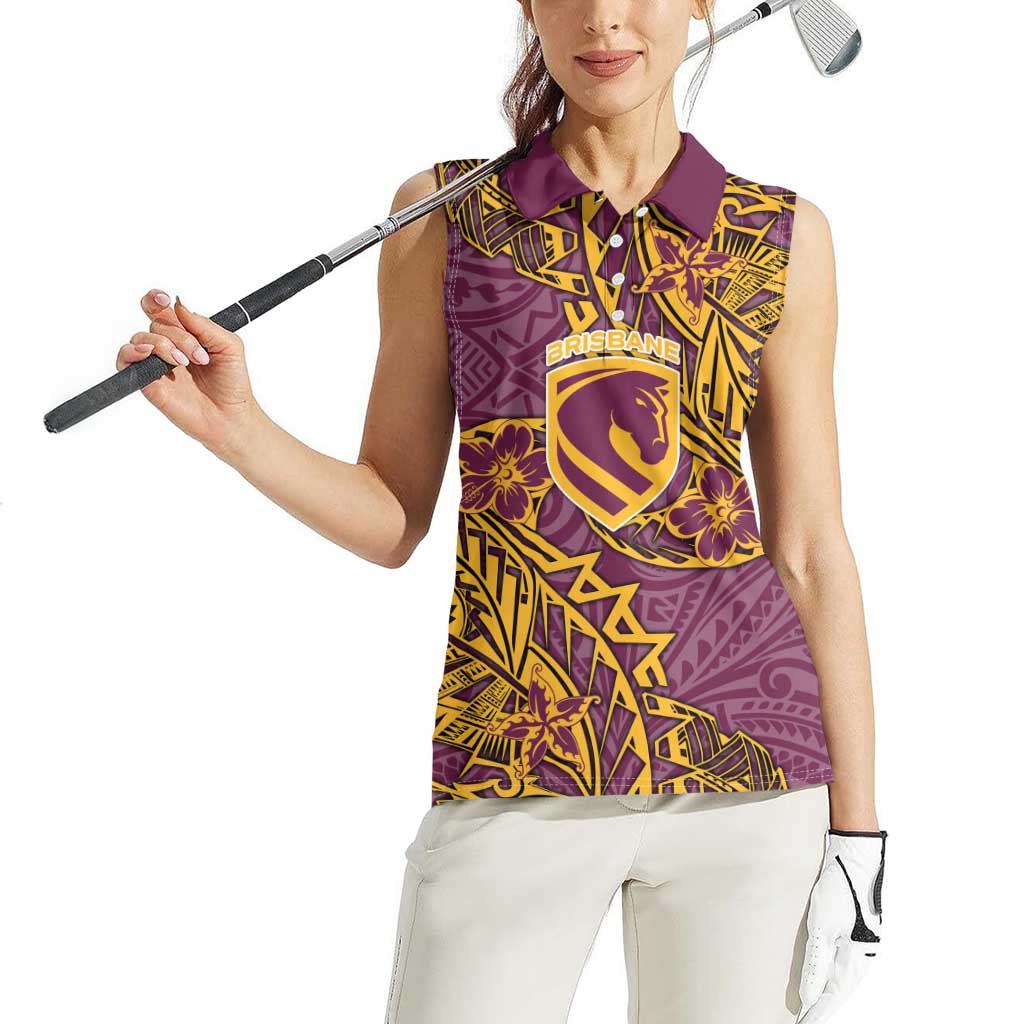 Personalised Brisbane Broncos Women Sleeveless Polo Shirt Polynesian Tribal Pattern With Rugby Horse Mascot Art