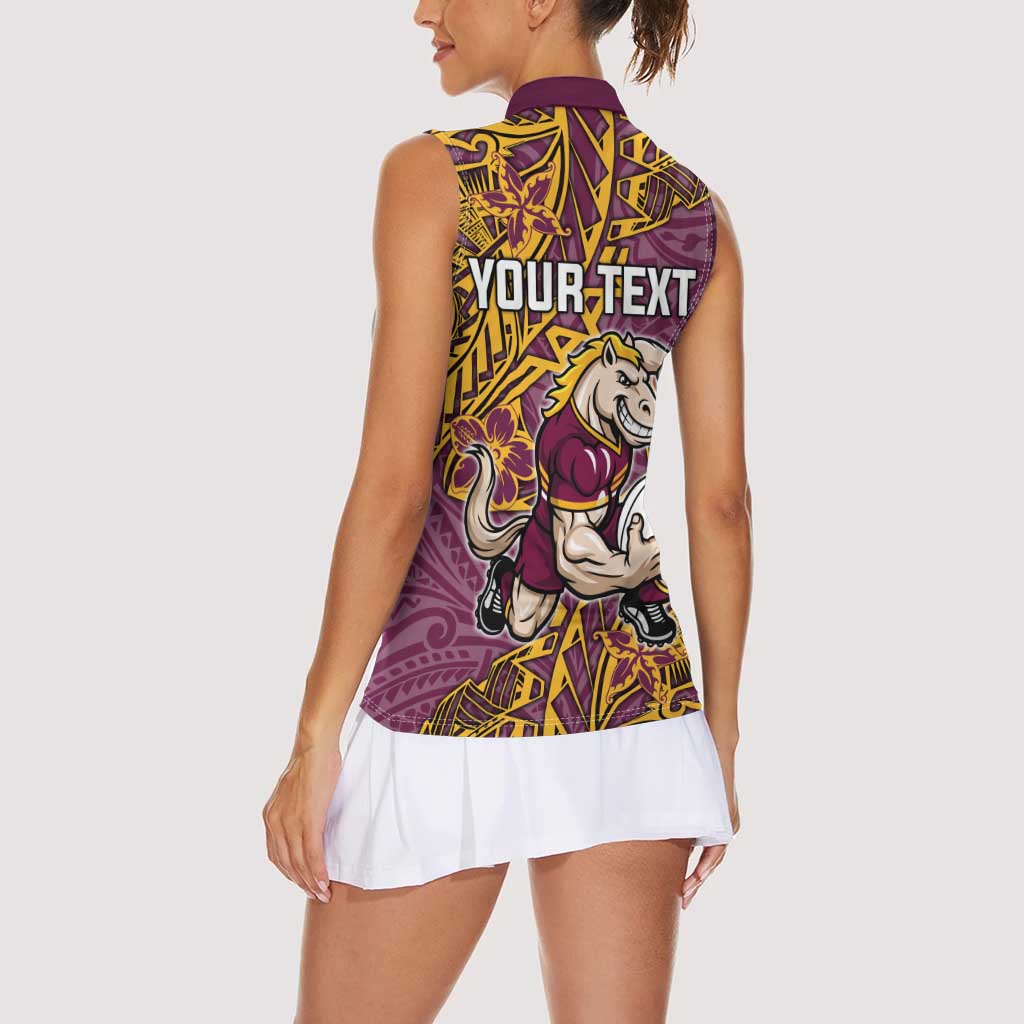 Personalised Brisbane Broncos Women Sleeveless Polo Shirt Polynesian Tribal Pattern With Rugby Horse Mascot Art