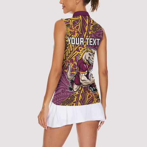 Personalised Brisbane Broncos Women Sleeveless Polo Shirt Polynesian Tribal Pattern With Rugby Horse Mascot Art
