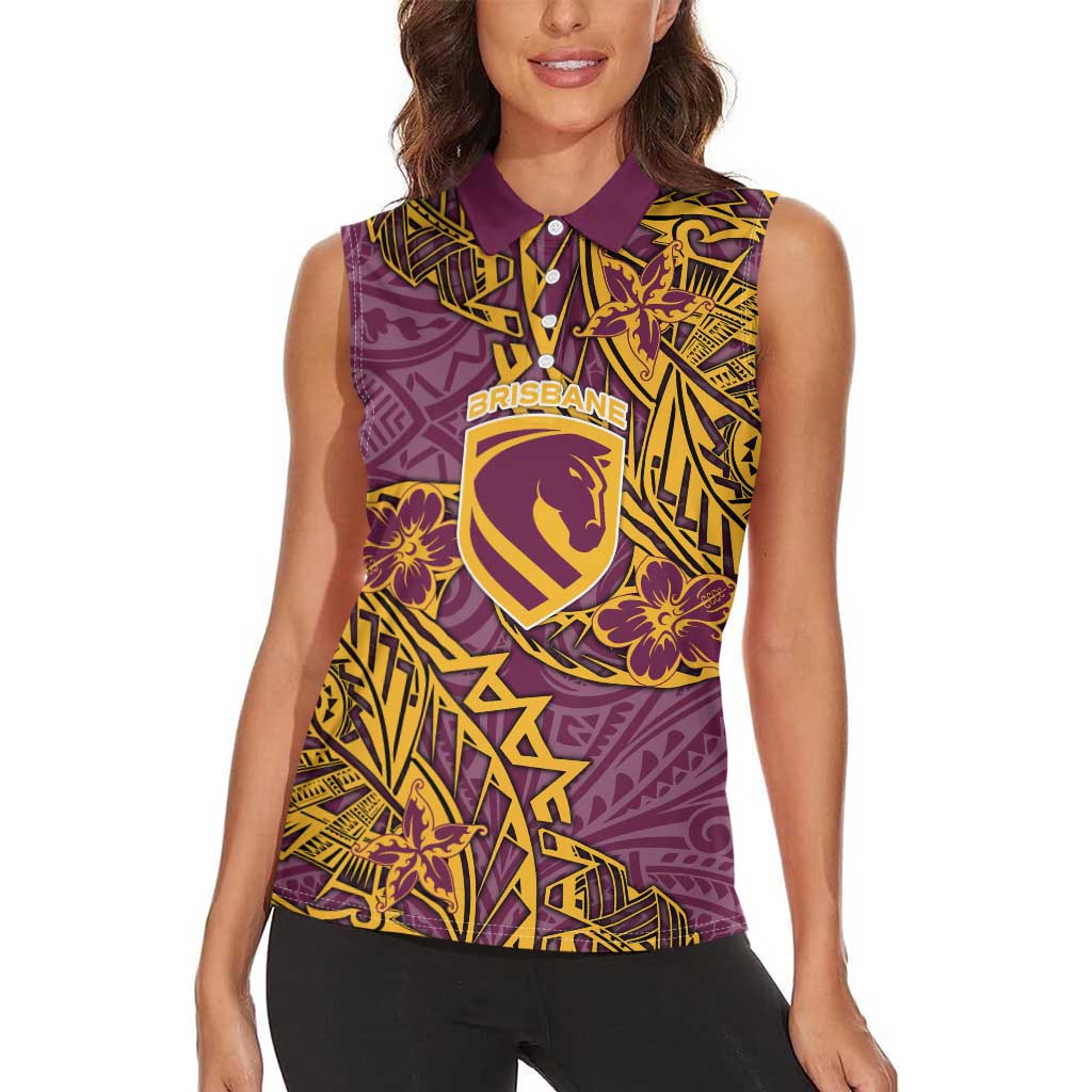 Personalised Brisbane Broncos Women Sleeveless Polo Shirt Polynesian Tribal Pattern With Rugby Horse Mascot Art