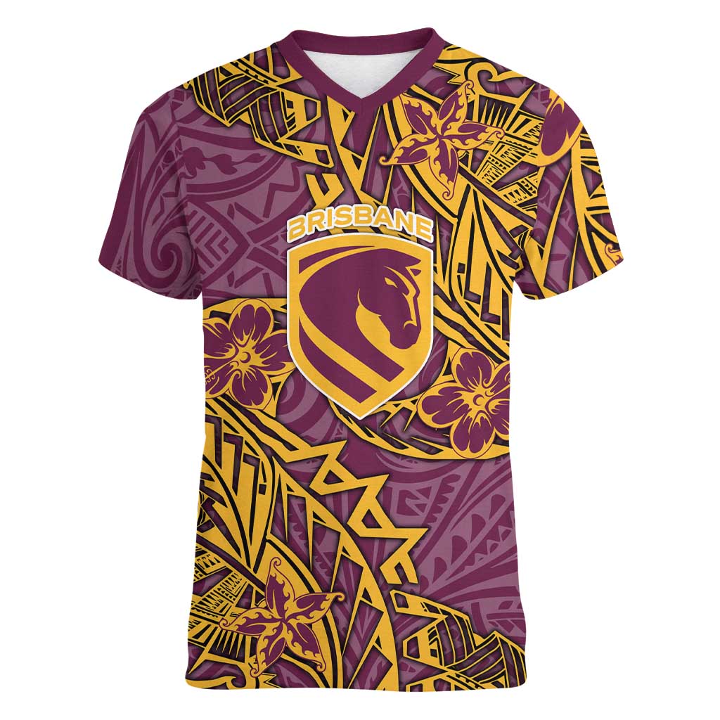 Personalised Brisbane Broncos Women V-Neck T-Shirt Polynesian Tribal Pattern With Rugby Horse Mascot Art