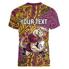 Personalised Brisbane Broncos Women V-Neck T-Shirt Polynesian Tribal Pattern With Rugby Horse Mascot Art