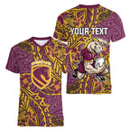 Personalised Brisbane Broncos Women V-Neck T-Shirt Polynesian Tribal Pattern With Rugby Horse Mascot Art