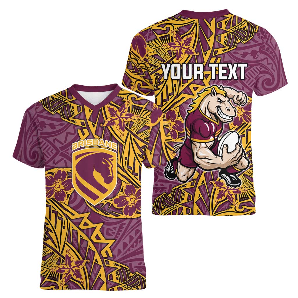 Personalised Brisbane Broncos Women V-Neck T-Shirt Polynesian Tribal Pattern With Rugby Horse Mascot Art