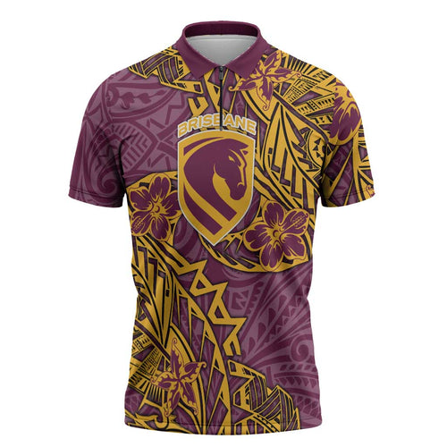 Personalised Brisbane Broncos Zipper Polo Shirt Polynesian Tribal Pattern With Rugby Horse Mascot Art