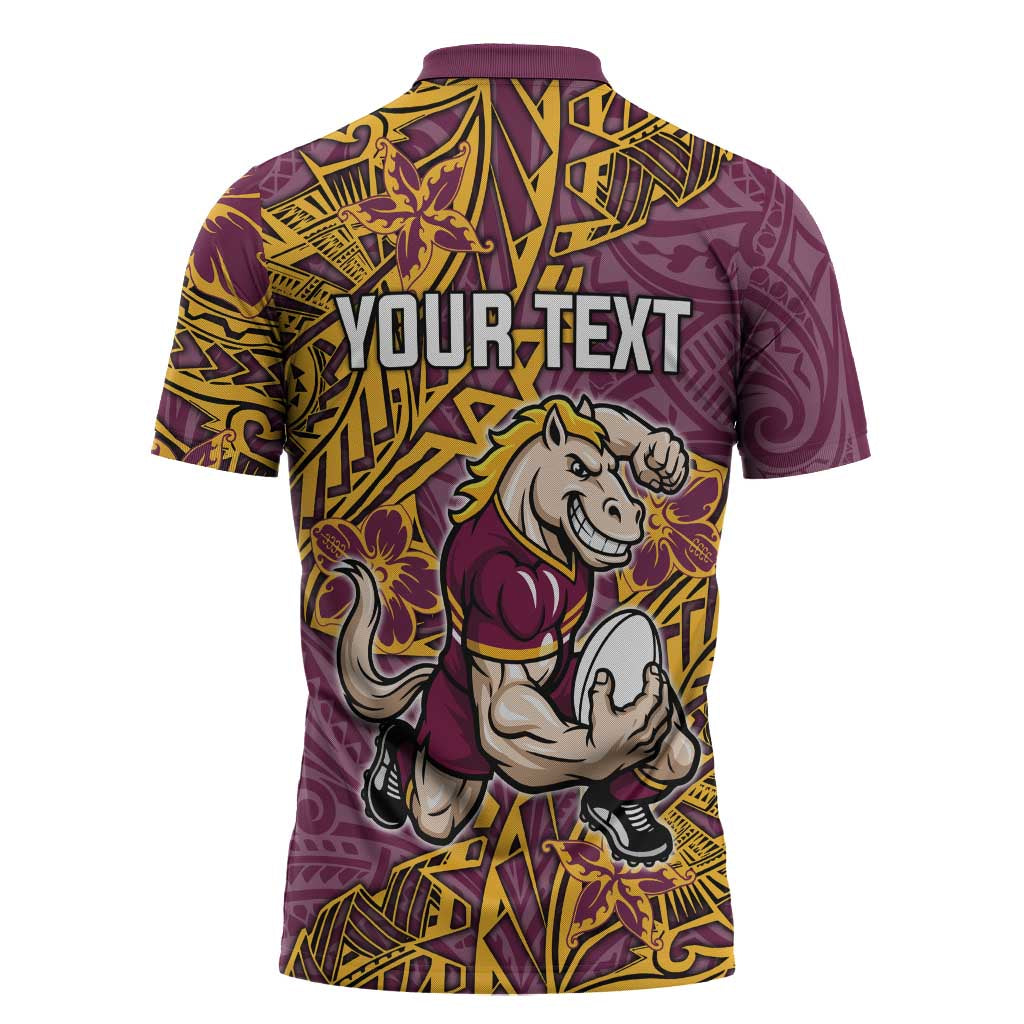 Personalised Brisbane Broncos Zipper Polo Shirt Polynesian Tribal Pattern With Rugby Horse Mascot Art