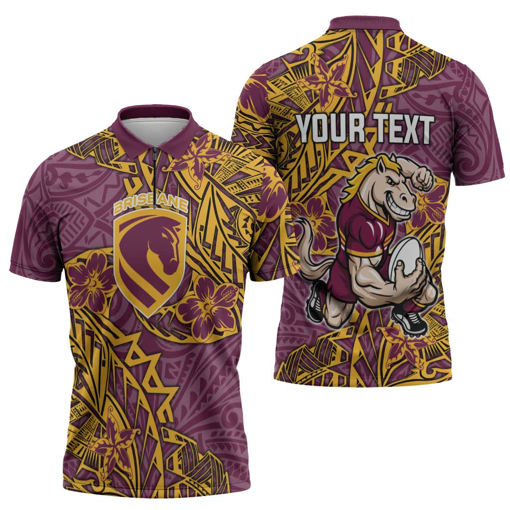 Personalised Brisbane Broncos Zipper Polo Shirt Polynesian Tribal Pattern With Rugby Horse Mascot Art