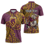 Personalised Brisbane Broncos Zipper Polo Shirt Polynesian Tribal Pattern With Rugby Horse Mascot Art