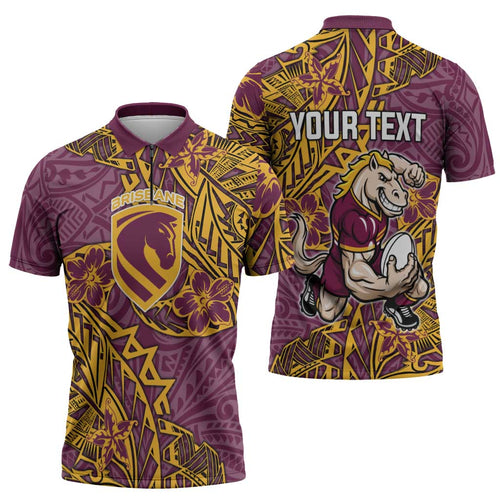 Personalised Brisbane Broncos Zipper Polo Shirt Polynesian Tribal Pattern With Rugby Horse Mascot Art