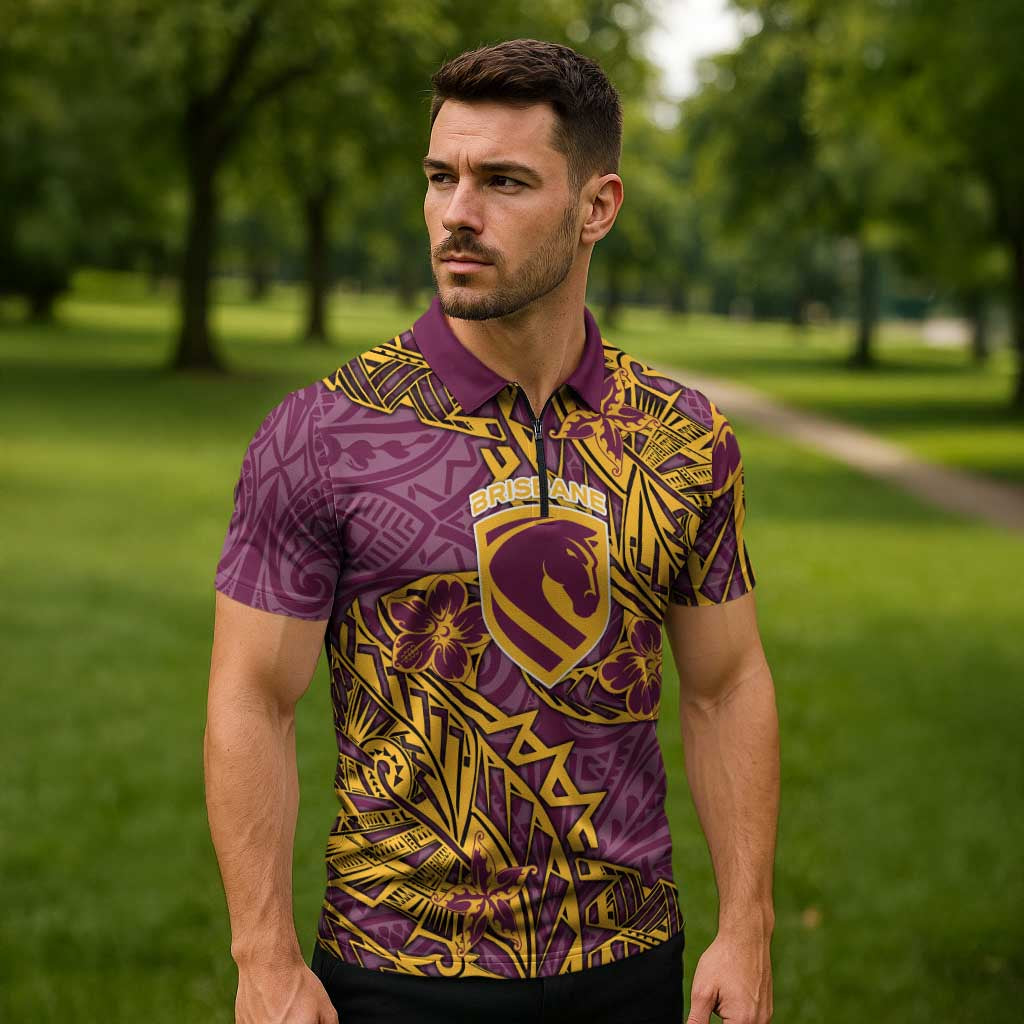 Personalised Brisbane Broncos Zipper Polo Shirt Polynesian Tribal Pattern With Rugby Horse Mascot Art