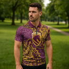Personalised Brisbane Broncos Zipper Polo Shirt Polynesian Tribal Pattern With Rugby Horse Mascot Art