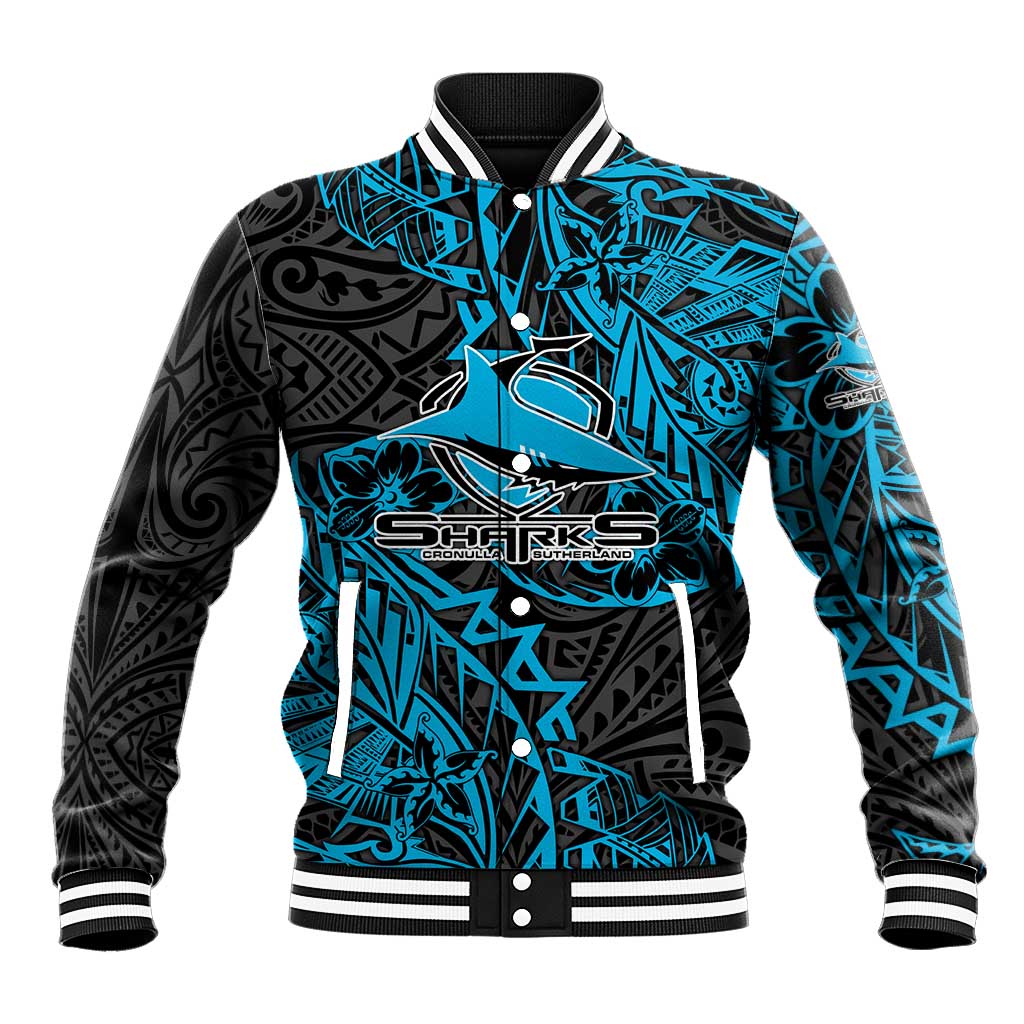 Personalised Cronulla-Sutherland Sharks Baseball Jacket Polynesian Tribal Pattern With Rugby Shark Mascot Art