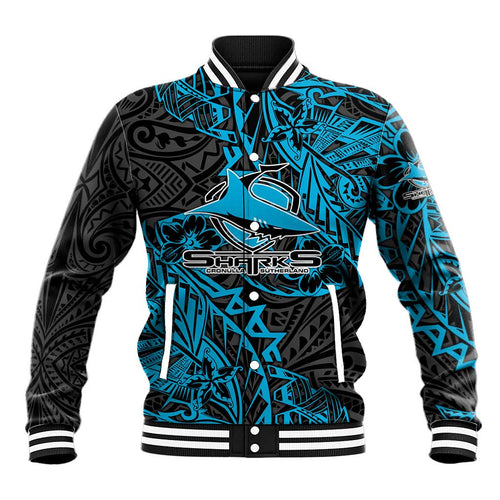Personalised Cronulla-Sutherland Sharks Baseball Jacket Polynesian Tribal Pattern With Rugby Shark Mascot Art
