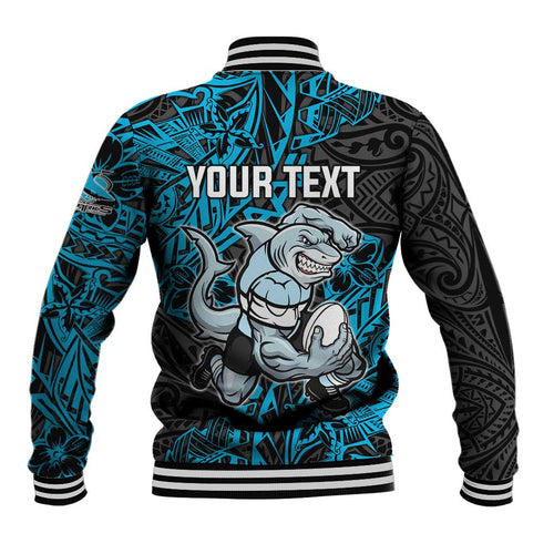 Personalised Cronulla-Sutherland Sharks Baseball Jacket Polynesian Tribal Pattern With Rugby Shark Mascot Art