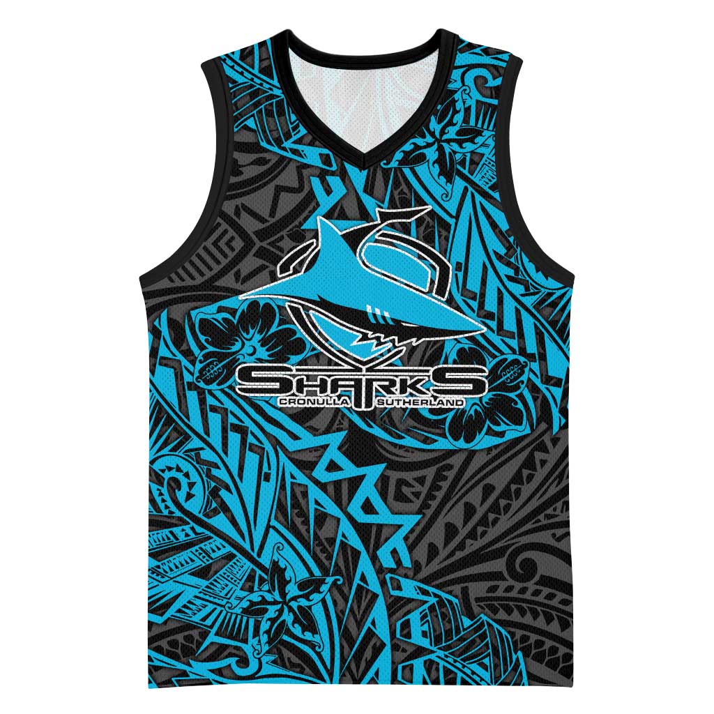 Personalised Cronulla-Sutherland Sharks Basketball Jersey Polynesian Tribal Pattern With Rugby Shark Mascot Art