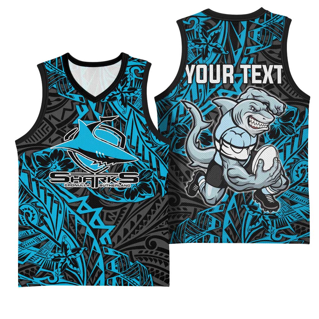 Personalised Cronulla-Sutherland Sharks Basketball Jersey Polynesian Tribal Pattern With Rugby Shark Mascot Art