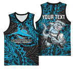 Personalised Cronulla-Sutherland Sharks Basketball Jersey Polynesian Tribal Pattern With Rugby Shark Mascot Art