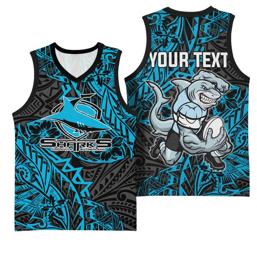 Personalised Cronulla-Sutherland Sharks Basketball Jersey Polynesian Tribal Pattern With Rugby Shark Mascot Art