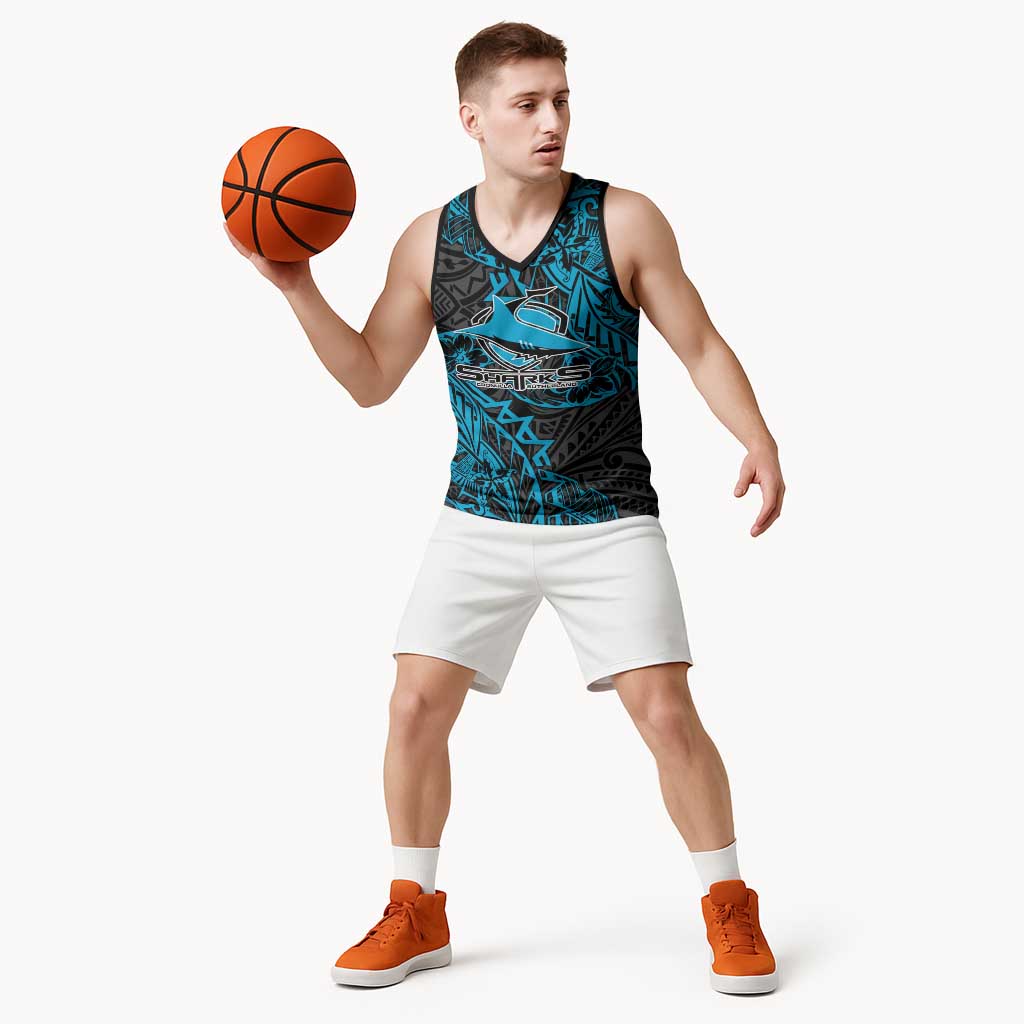 Personalised Cronulla-Sutherland Sharks Basketball Jersey Polynesian Tribal Pattern With Rugby Shark Mascot Art