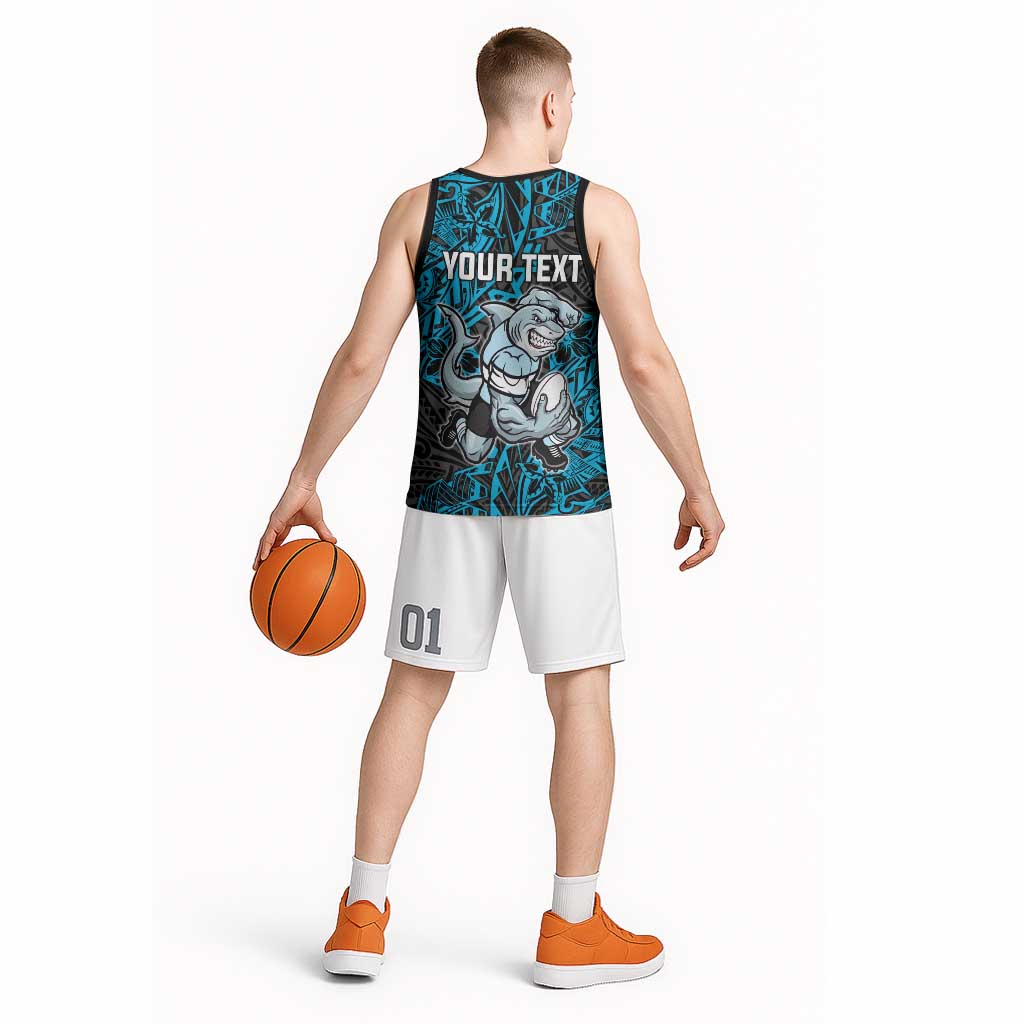 Personalised Cronulla-Sutherland Sharks Basketball Jersey Polynesian Tribal Pattern With Rugby Shark Mascot Art