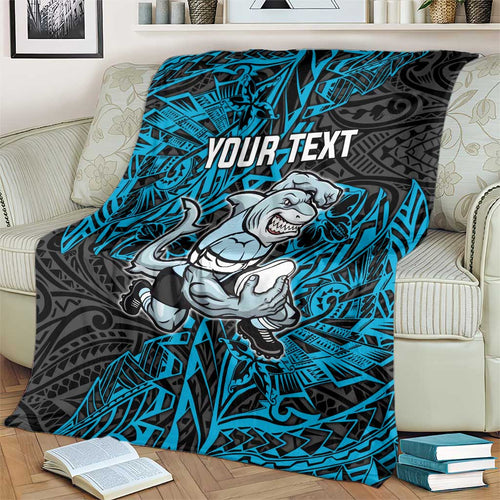 Personalised Cronulla-Sutherland Sharks Blanket Polynesian Tribal Pattern With Rugby Shark Mascot Art