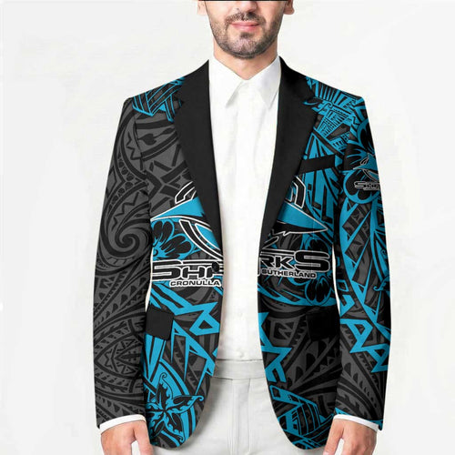 Personalised Cronulla-Sutherland Sharks Blazer Polynesian Tribal Pattern With Rugby Shark Mascot Art