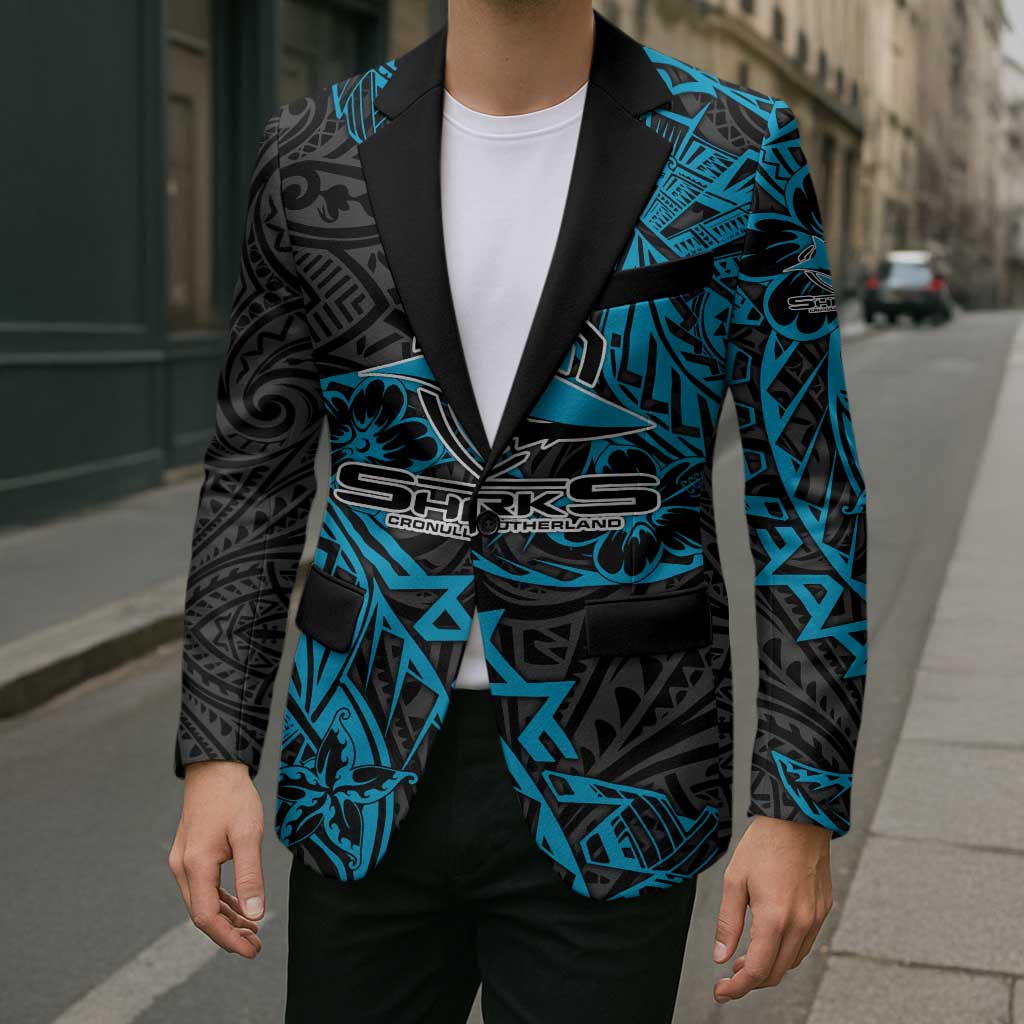 Personalised Cronulla-Sutherland Sharks Blazer Polynesian Tribal Pattern With Rugby Shark Mascot Art