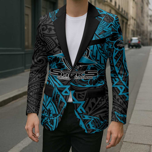 Personalised Cronulla-Sutherland Sharks Blazer Polynesian Tribal Pattern With Rugby Shark Mascot Art