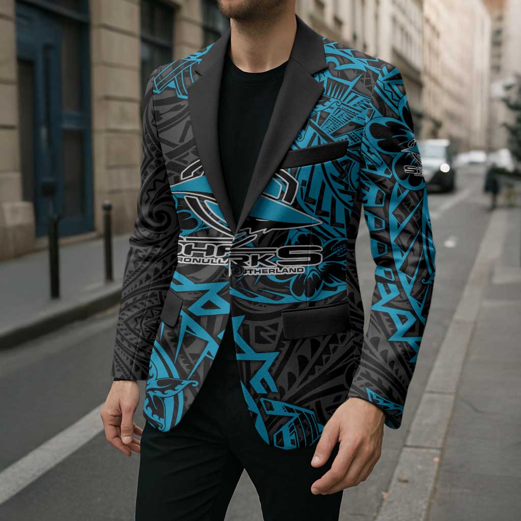 Personalised Cronulla-Sutherland Sharks Blazer Polynesian Tribal Pattern With Rugby Shark Mascot Art