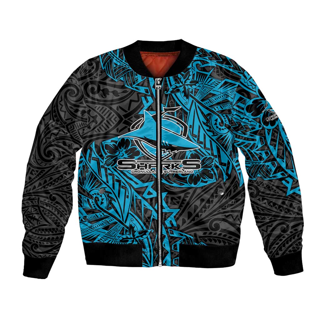 Personalised Cronulla-Sutherland Sharks Bomber Jacket Polynesian Tribal Pattern With Rugby Shark Mascot Art