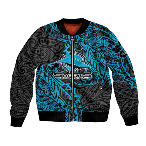 Personalised Cronulla-Sutherland Sharks Bomber Jacket Polynesian Tribal Pattern With Rugby Shark Mascot Art