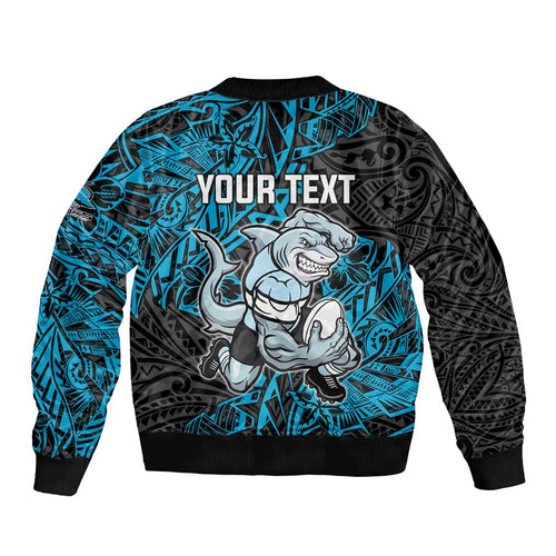 Personalised Cronulla-Sutherland Sharks Bomber Jacket Polynesian Tribal Pattern With Rugby Shark Mascot Art