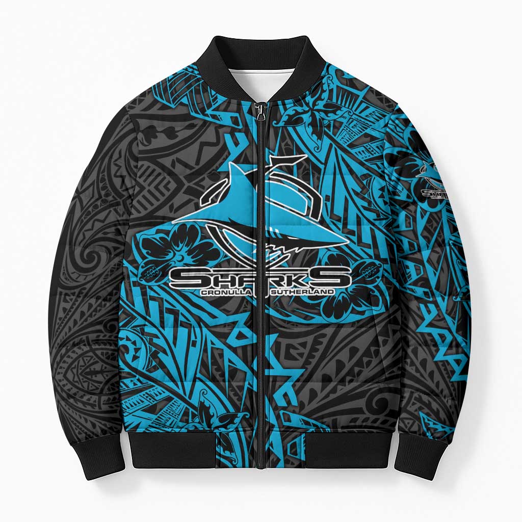 Personalised Cronulla-Sutherland Sharks Bomber Puffer Jacket Polynesian Tribal Pattern With Rugby Shark Mascot Art