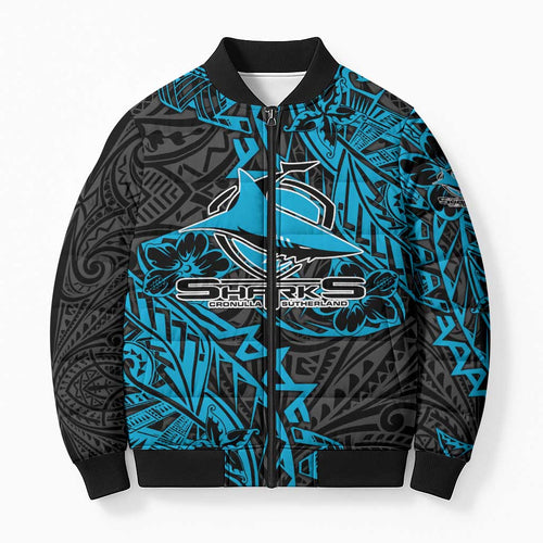 Personalised Cronulla-Sutherland Sharks Bomber Puffer Jacket Polynesian Tribal Pattern With Rugby Shark Mascot Art