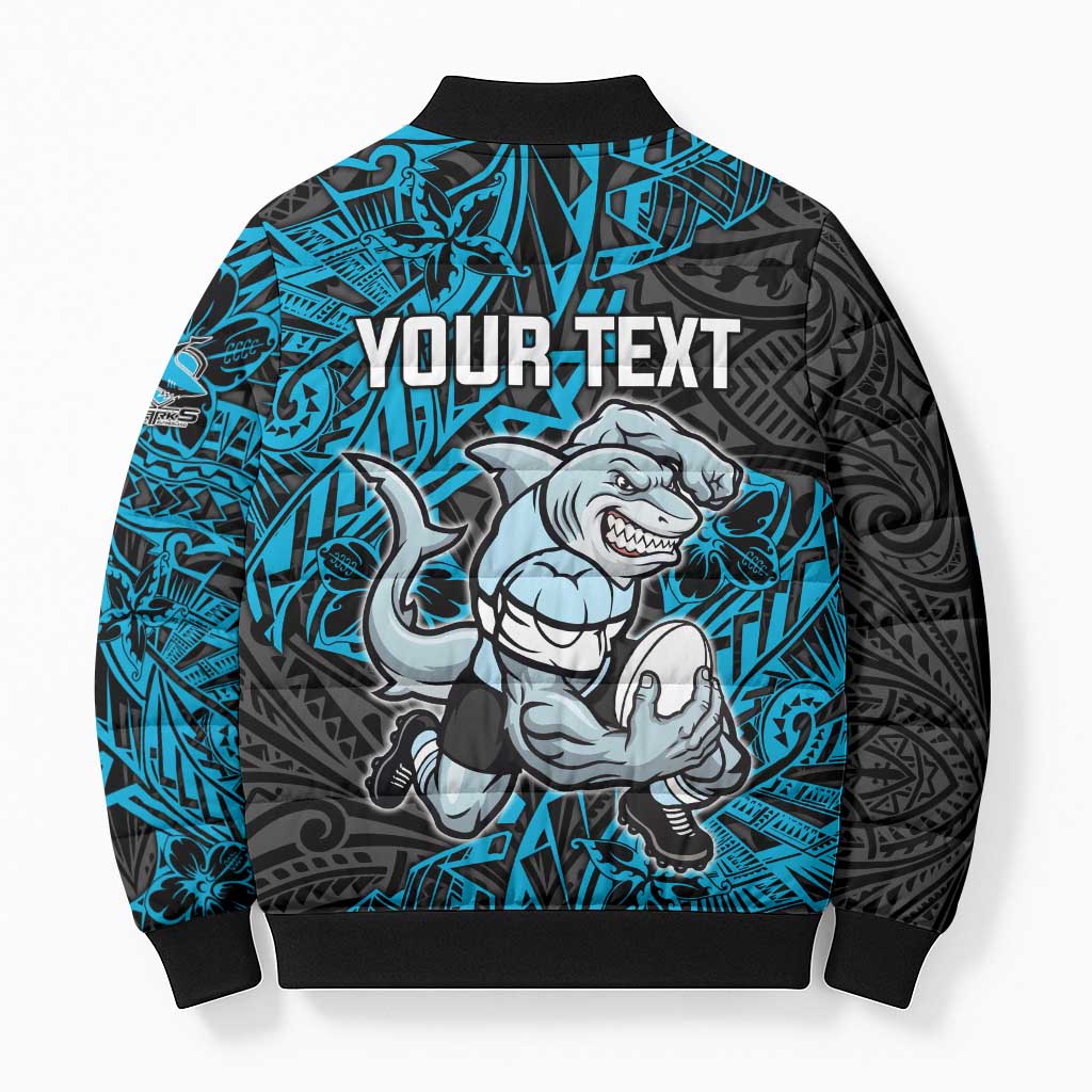 Personalised Cronulla-Sutherland Sharks Bomber Puffer Jacket Polynesian Tribal Pattern With Rugby Shark Mascot Art
