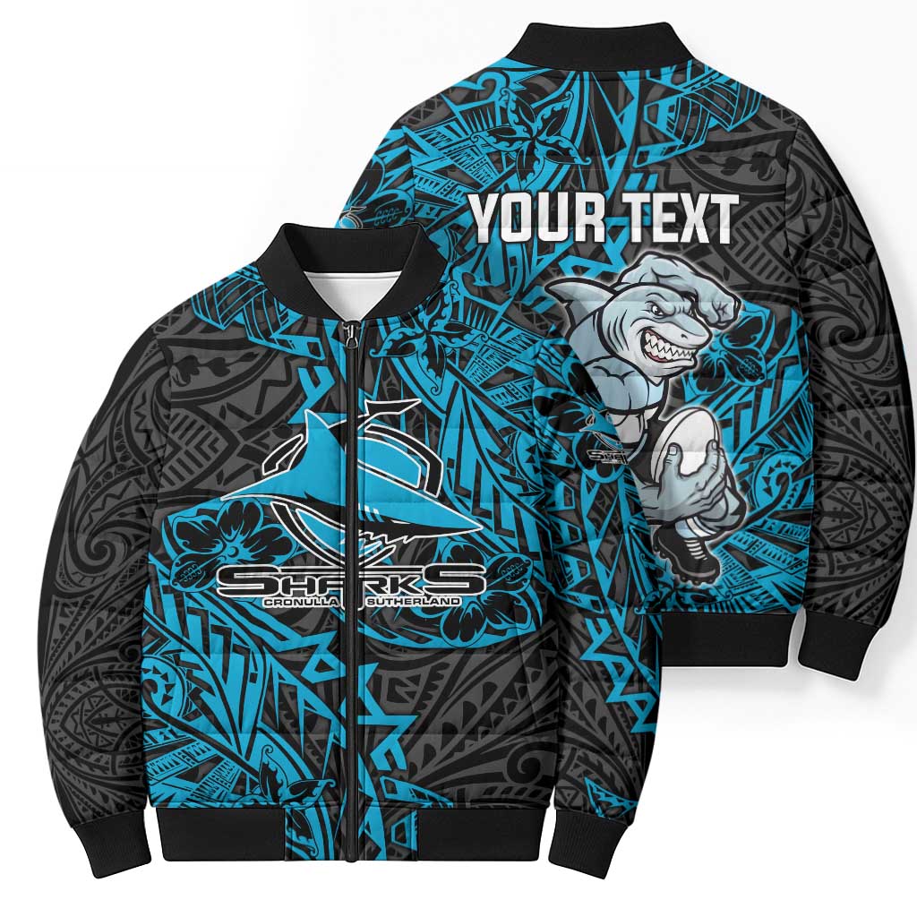 Personalised Cronulla-Sutherland Sharks Bomber Puffer Jacket Polynesian Tribal Pattern With Rugby Shark Mascot Art