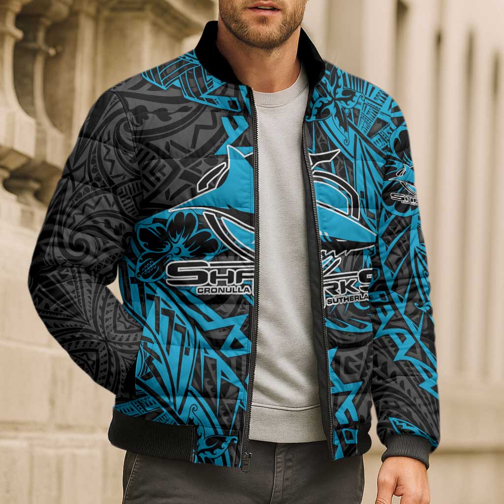 Personalised Cronulla-Sutherland Sharks Bomber Puffer Jacket Polynesian Tribal Pattern With Rugby Shark Mascot Art
