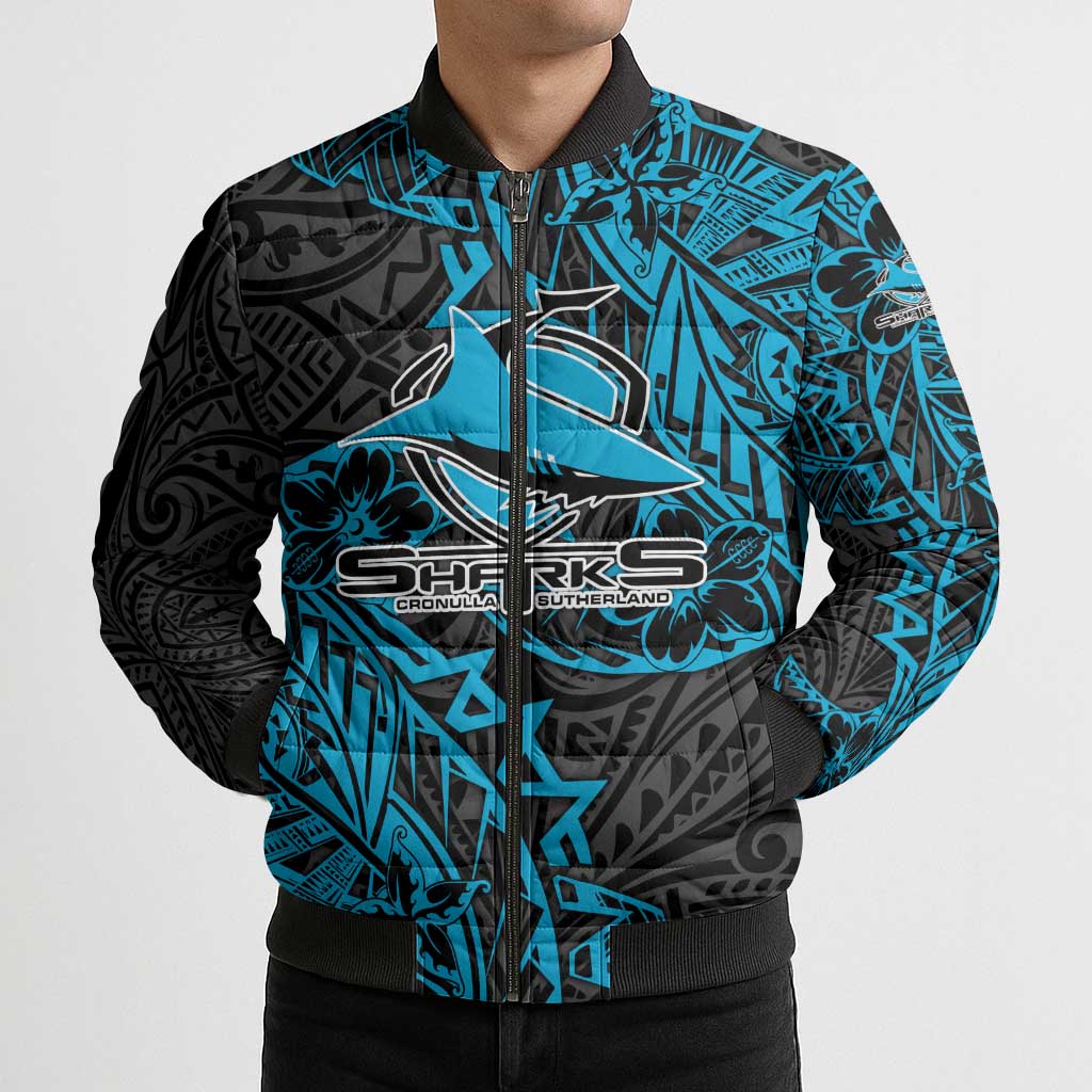 Personalised Cronulla-Sutherland Sharks Bomber Puffer Jacket Polynesian Tribal Pattern With Rugby Shark Mascot Art