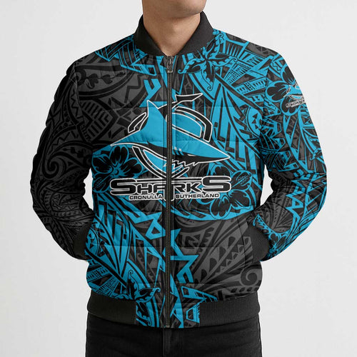 Personalised Cronulla-Sutherland Sharks Bomber Puffer Jacket Polynesian Tribal Pattern With Rugby Shark Mascot Art