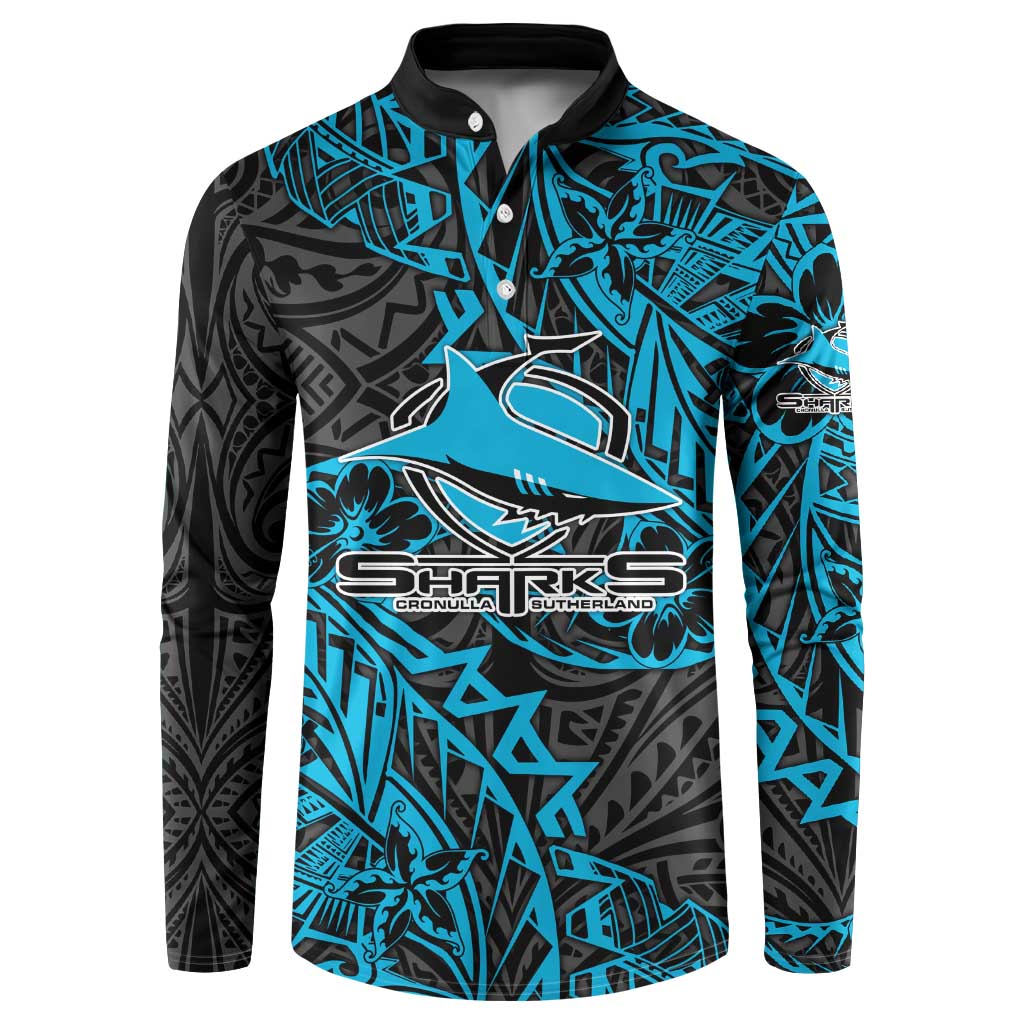 Personalised Cronulla-Sutherland Sharks Button Sweatshirt Polynesian Tribal Pattern With Rugby Shark Mascot Art