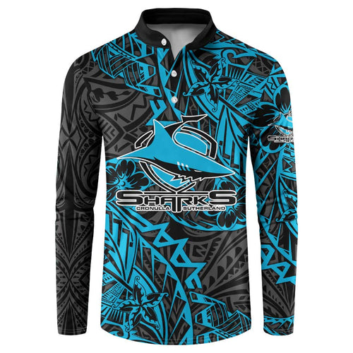 Personalised Cronulla-Sutherland Sharks Button Sweatshirt Polynesian Tribal Pattern With Rugby Shark Mascot Art