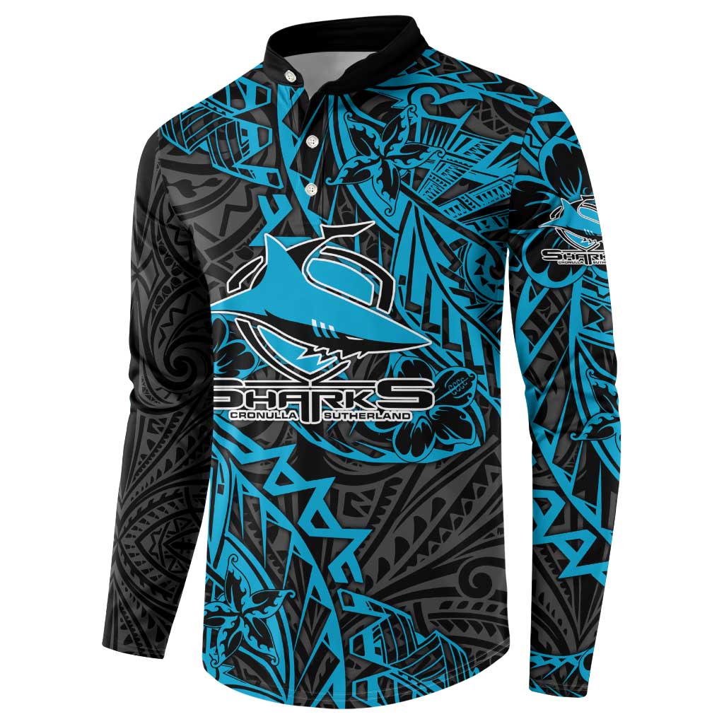 Personalised Cronulla-Sutherland Sharks Button Sweatshirt Polynesian Tribal Pattern With Rugby Shark Mascot Art