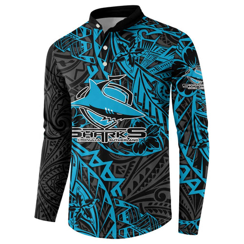 Personalised Cronulla-Sutherland Sharks Button Sweatshirt Polynesian Tribal Pattern With Rugby Shark Mascot Art
